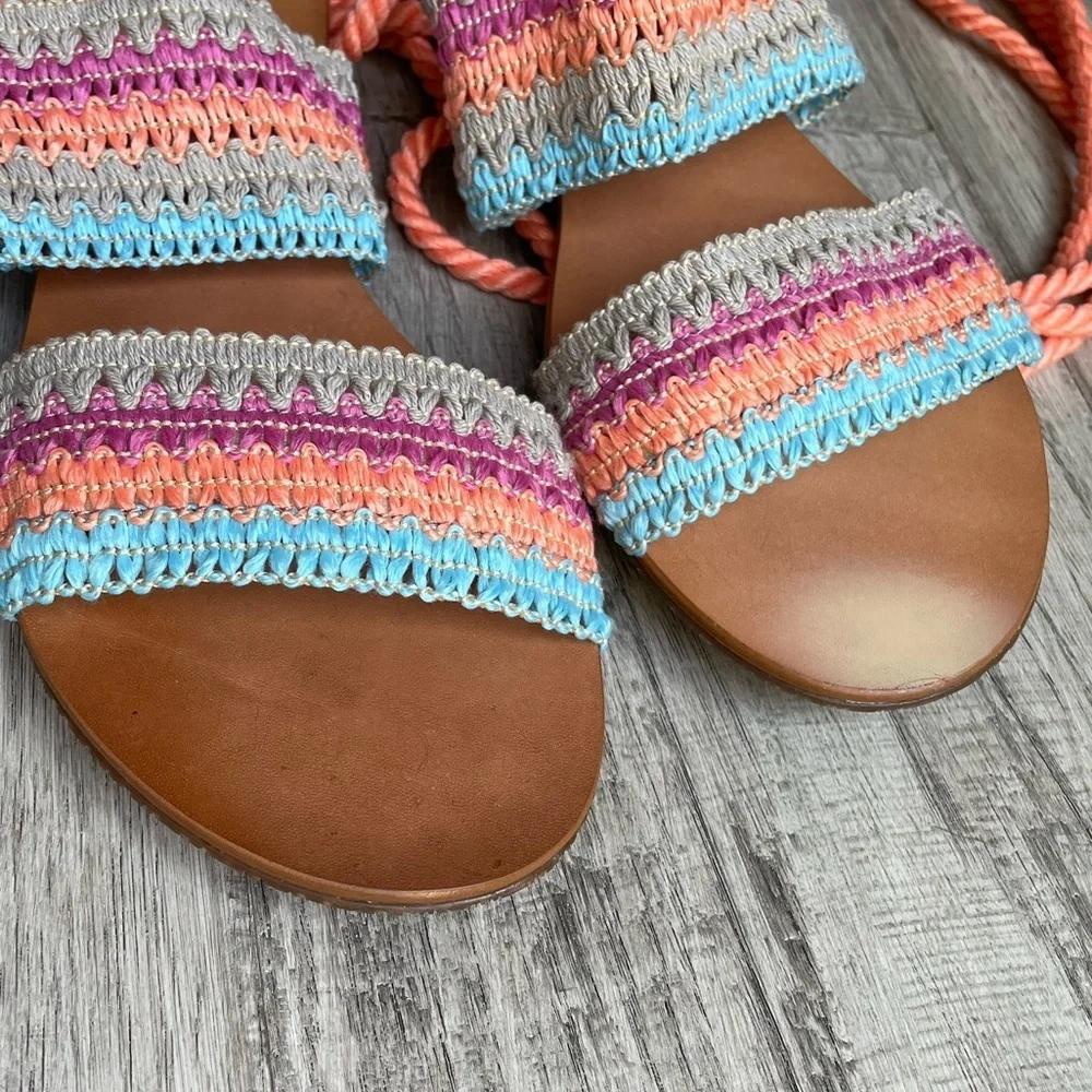 SHUTZ Crochet Knit Sandals Rope Ankle Tie 2 Strap Foot Peach/Pink/Blue SZ 8